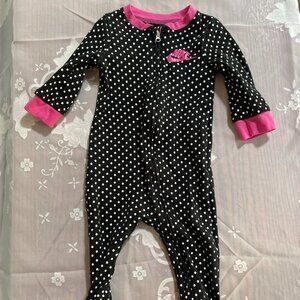 NIKE Baby Footed Zippered Pajamas 9m Black with White Polka Dots with Pink